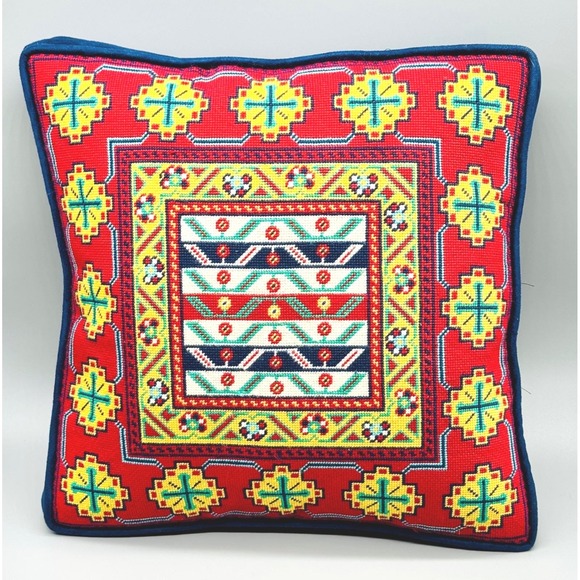 Unbranded Other - Needlepoint Pillow Geometric Handcrafted Vintage‎ Home Decor 15 inch